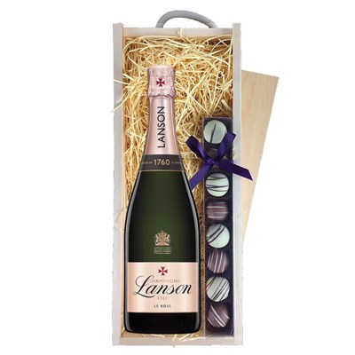 Lanson Le Rose Label Champagne 75cl And Truffles, Wooden Box